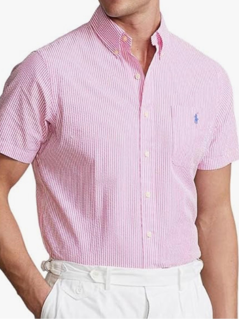 Ralph Lauren Men's Pink Seersucker Short-Sleeve Button-Down Shirt! L